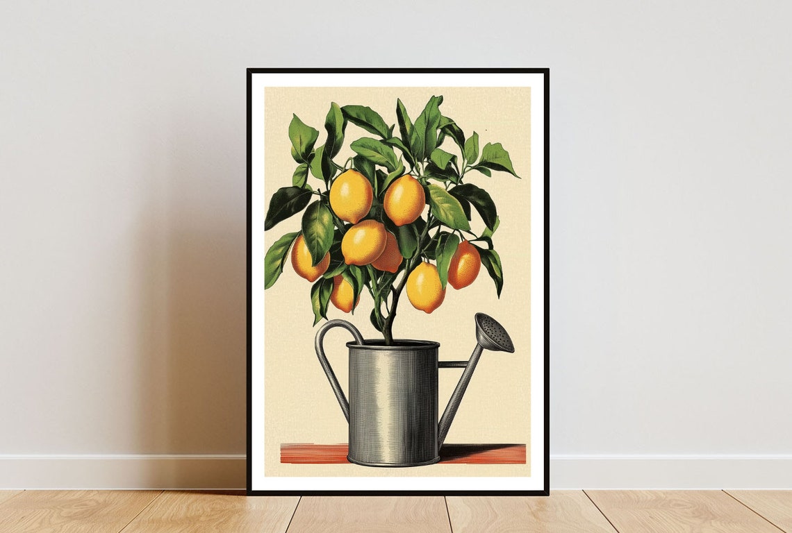 Lemon Tree in Vintage Metal Watering Can Botanical Art Poster