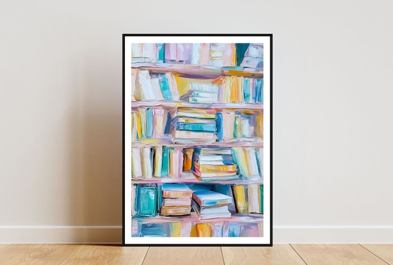Pastel Bookshelf Oil Painting Poster With Colorful Books For Library Decor