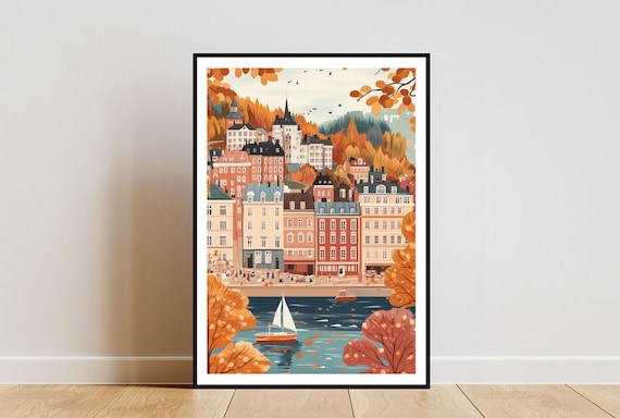 Stockholm Autumn Old Town Waterfront Colorful Skyline Art Poster