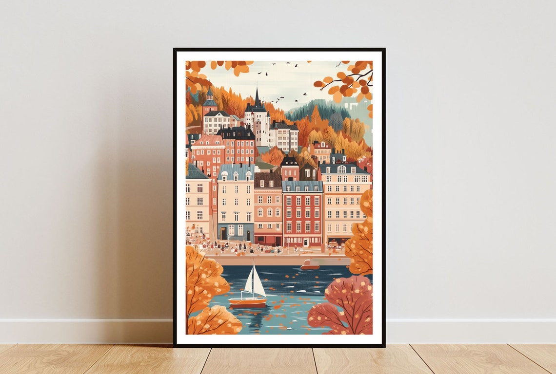 Stockholm Autumn Old Town Waterfront Colorful Skyline Art Poster