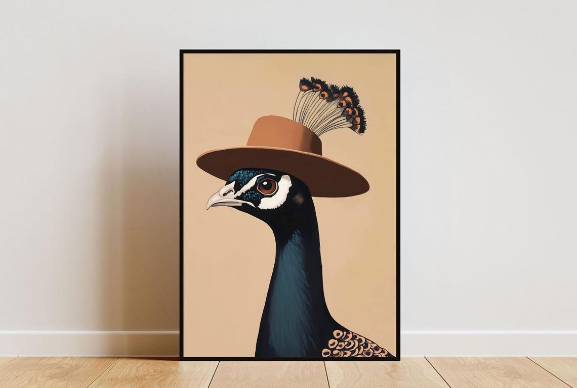 Peacock in Cowboy Hat Painted Portrait Quirky Bird Wall Poster