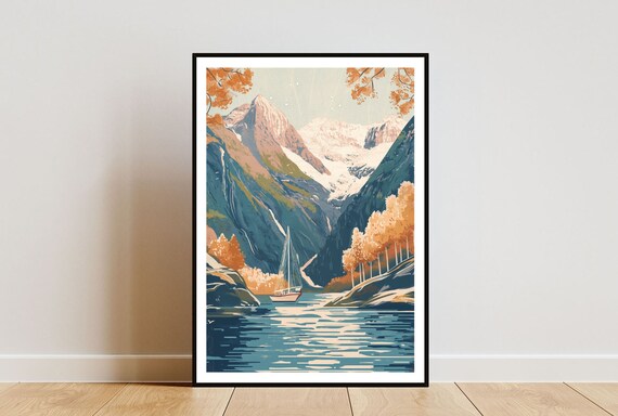 Norway Fjords Sailboat Autumn Mountains Waterfall Vintage Poster