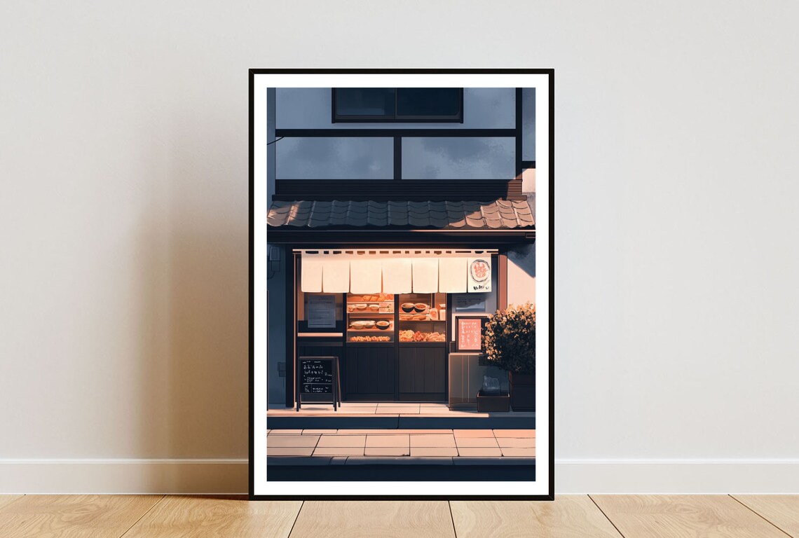 Japanese Shop Front Glowing Dusk Anime Style Street Scene Poster