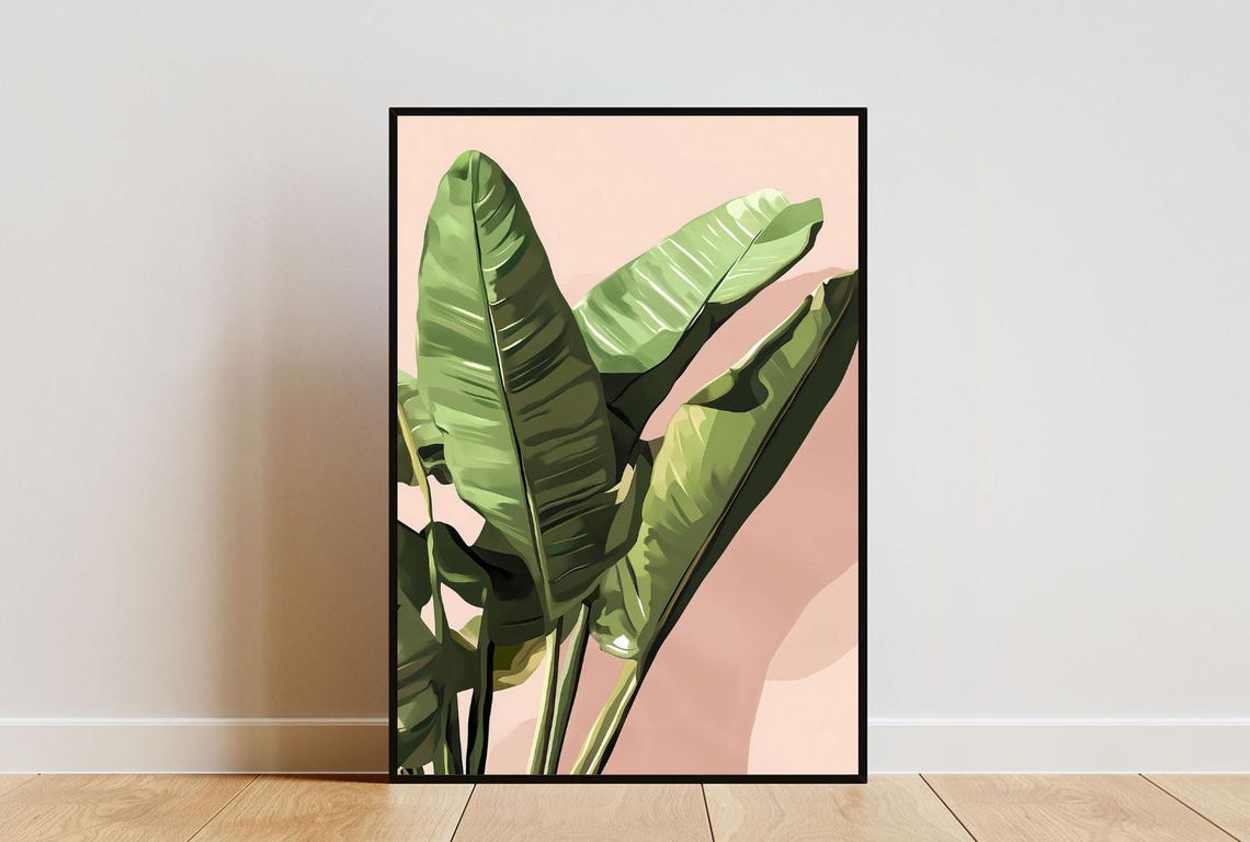 Banana Leaf Plant Pink Background Modern Botanical Art Poster