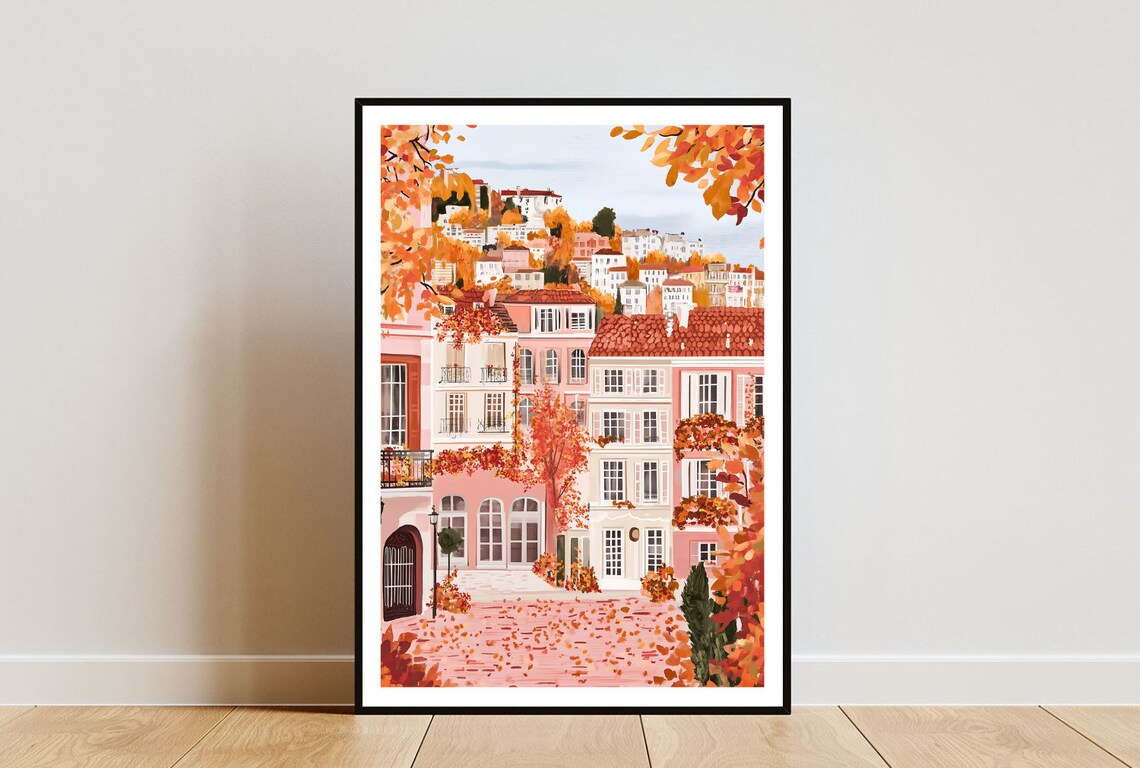 Nice France In Autumn Amber Foliage And Pink Old Town Houses Poster