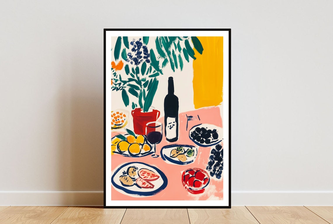 Retro Wine Table Still Life Matisse Style Colorful Dining Poster