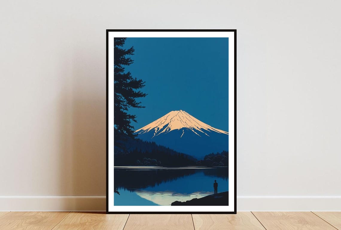 Retro Mount Fuji At Night With Lake Reflection And Lone Figure Poster
