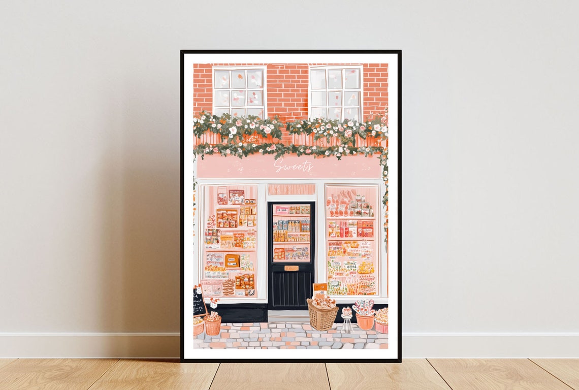 Cute Pink Sweets Candy Shop Storefront Pastel Illustration Poster