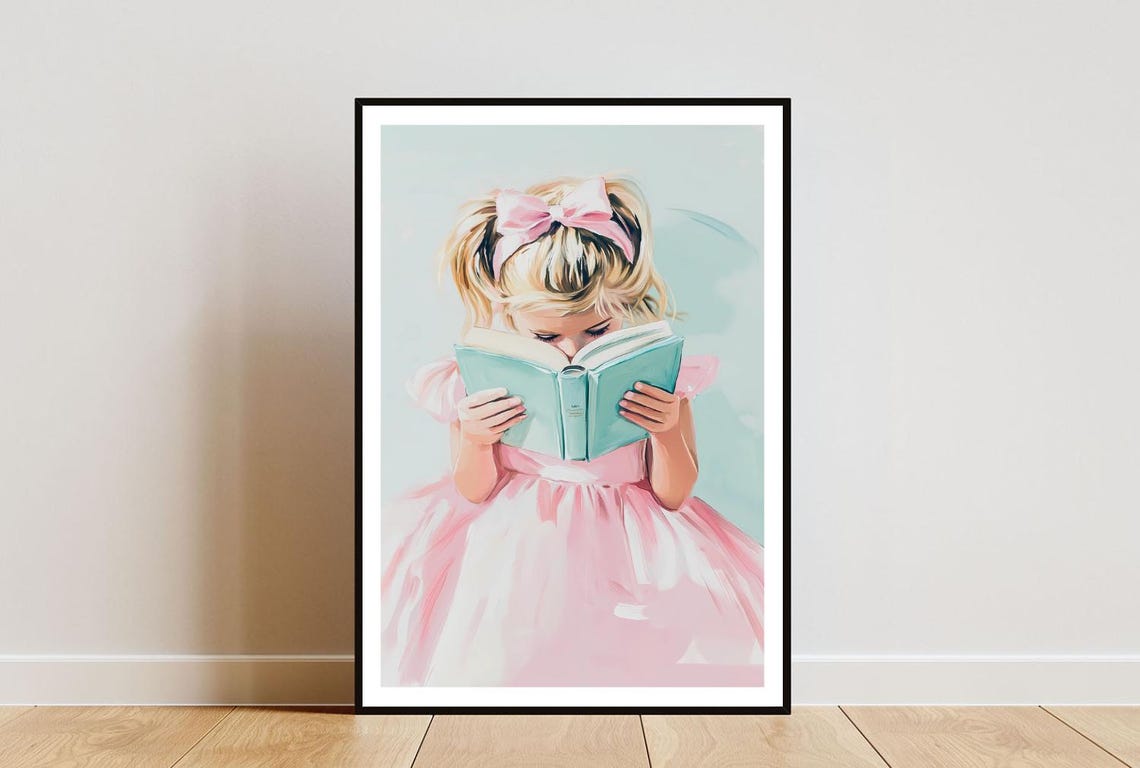 Girl Reading Book Poster Book Print Book Wall Art Book Art Poster Library Print Living Room Poster Vintage Wall Art Book Painting