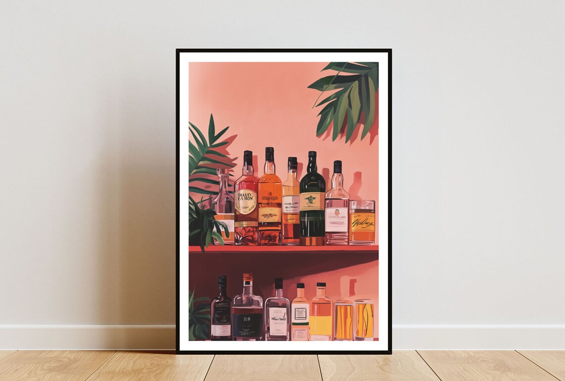 Retro Cocktail Bar Whiskey Bottles Illustration Poster With Pink Shelves