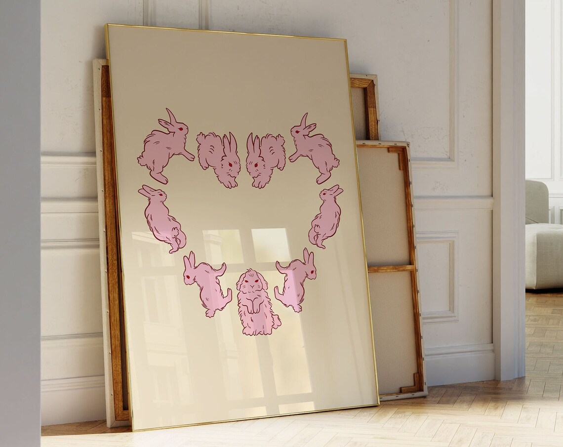 Rabbit Minimalist Wall Art Print, Pink Heart