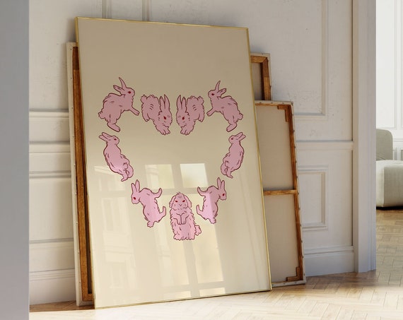 Rabbit Minimalist Wall Art Print, Pink Heart