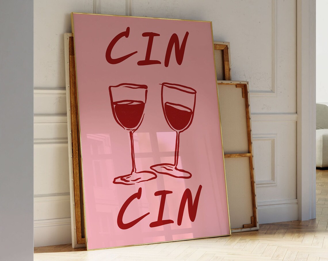 CIN CIN Cheers Two Wine Glasses Pink Italian Bar Cart Poster