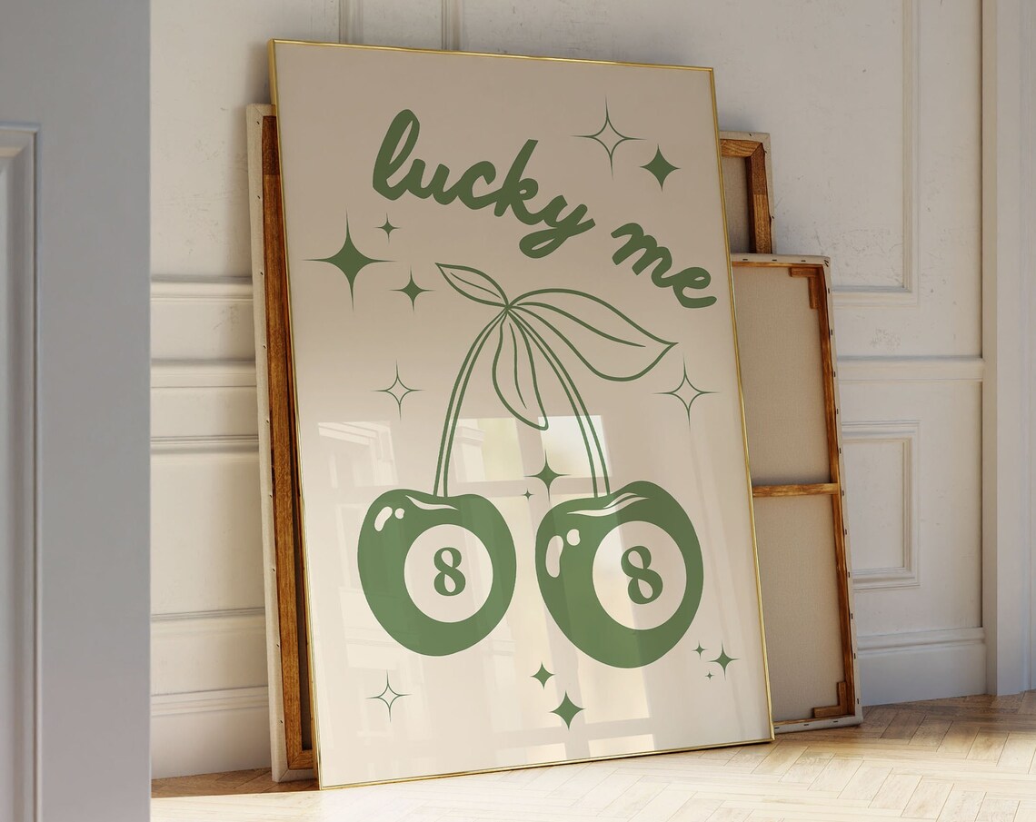 Lucky Me Cherry 8 Ball Retro Green Trendy Aesthetic Art Poster