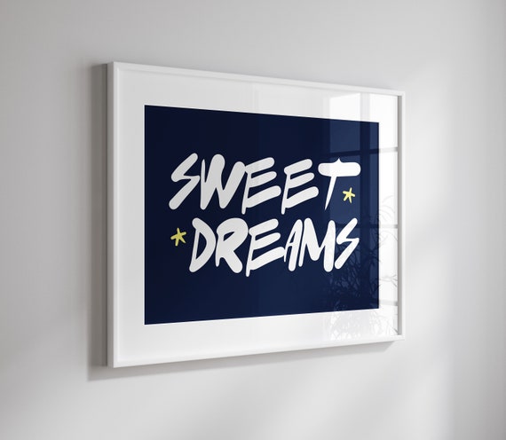 Sweet Dreams Print Funny Apartment Poster Y2k Navy Blue Bedroom Decor Minimalist Aesthetic Trendy Wall Art Retro Above Bed Wall Decor