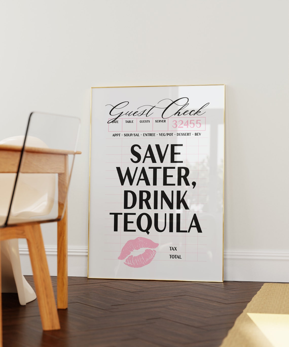 Save Water Drink Tequila Guest Check Pink Lipstick Kiss Poster - Image 2