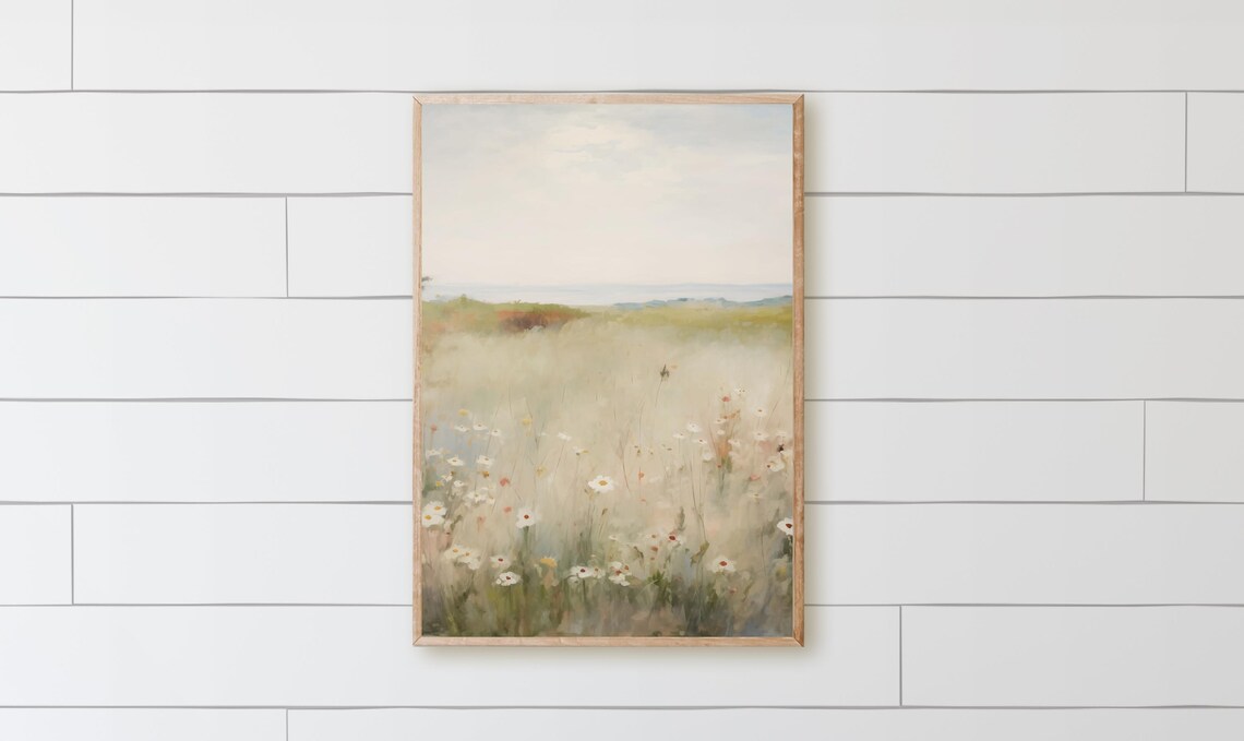 Autumn Daisy Meadow Watercolor Soft Wildflower Field Landscape Poster