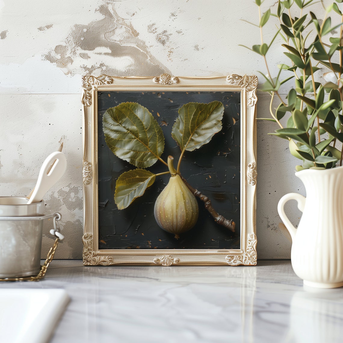 Green Fig Still Life, Vintage Mediterranean Kitchen