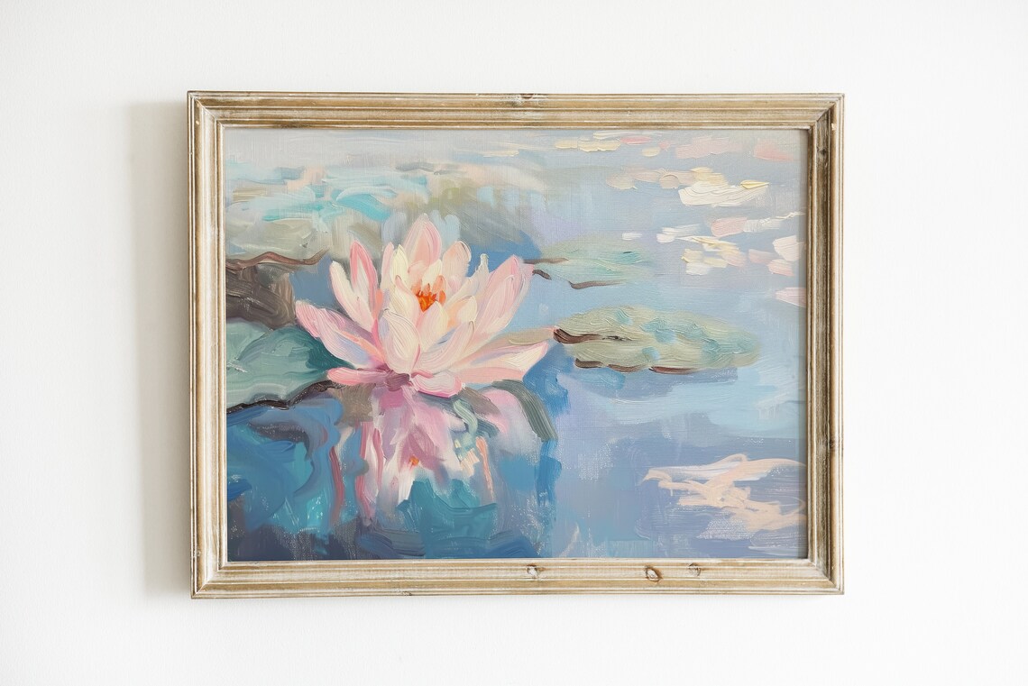 Water Lily Painting, Pink and Blue Floral Art Print