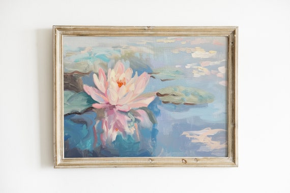 Water Lily Painting, Pink and Blue Floral Art Print