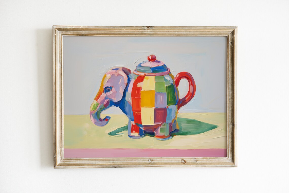 Elephant Teapot Painting, Eclectic Coffee Nook Art Print