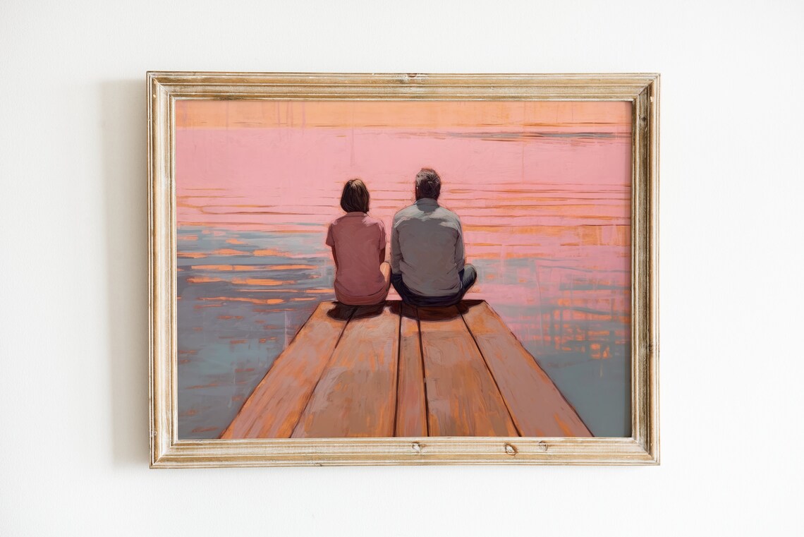 Vintage Lake Painting Rustic Pink Art Print
