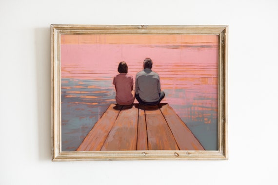 Vintage Lake Painting Rustic Pink Art Print