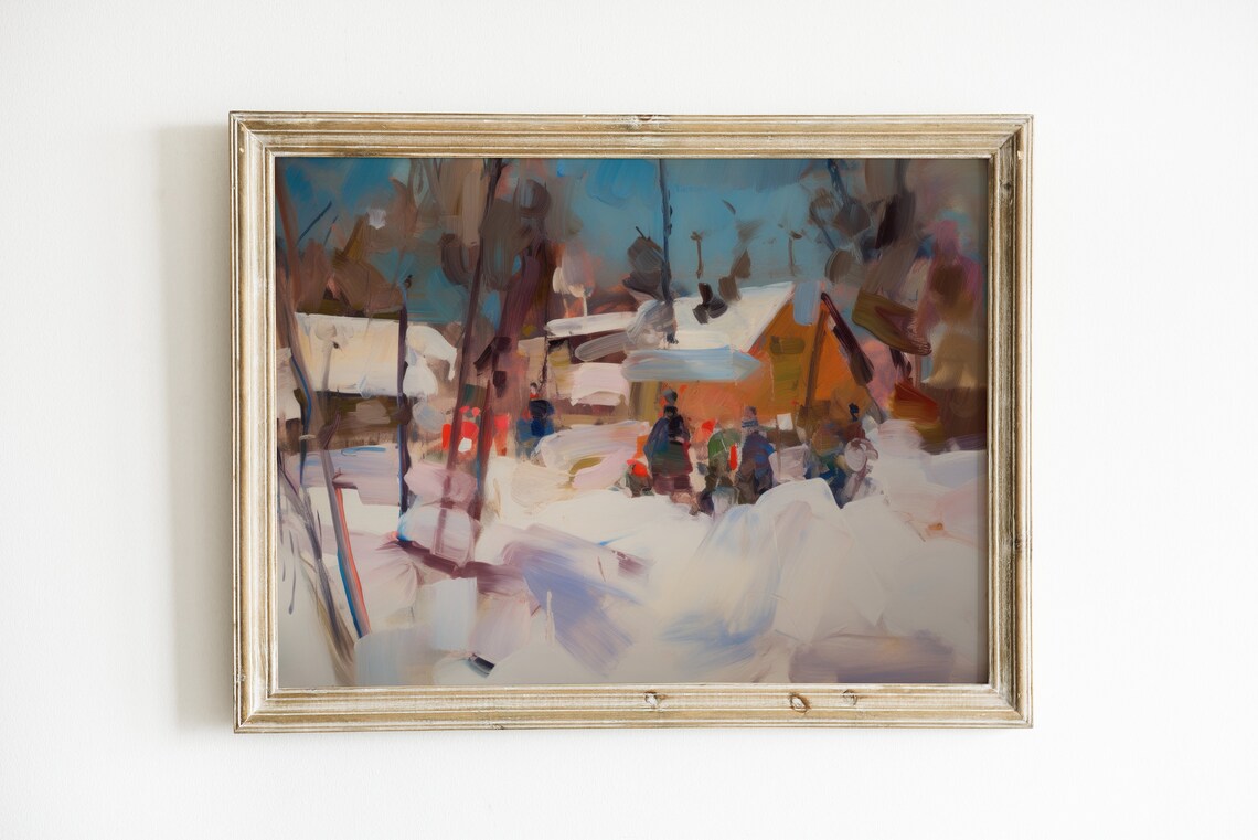 Abstract Winter Landscape Painting, Rustic Holiday Decor