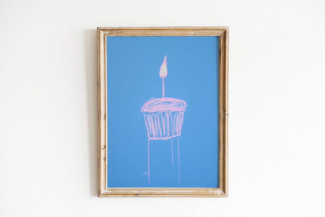 Pink Cupcake with Lit Candle Line Art on Blue Background Poster