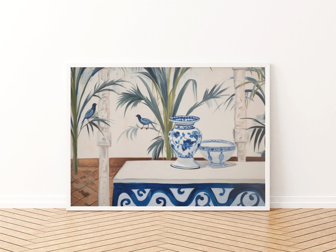 Botanical Chinoiserie Art Print, Blue And White Foyer - Image 2