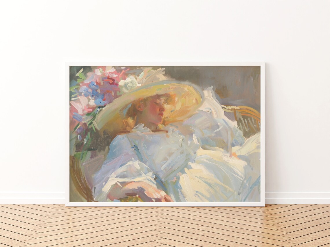 Woman in Wide Straw Hat Flowers Impressionist Portrait Painting Poster - Image 3