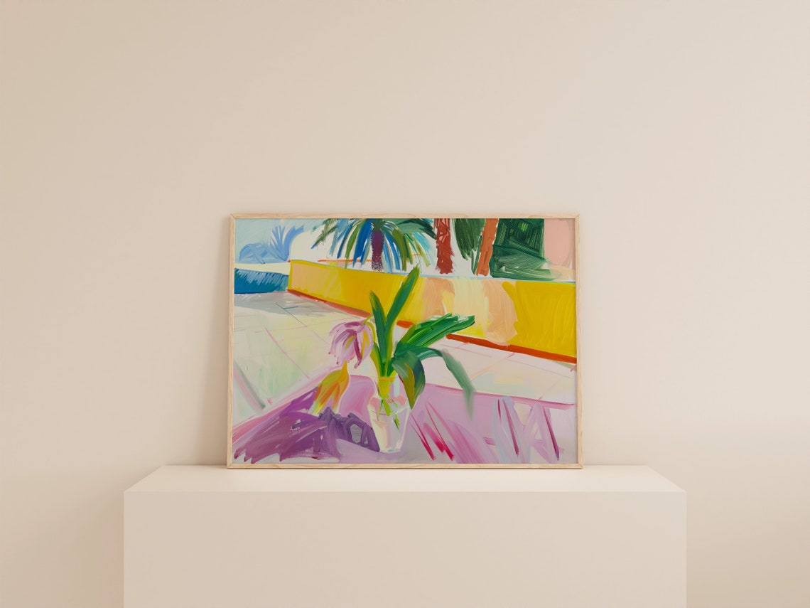 Colorful Impressionistic Patio Print Plant Vase Yellow Wall View - Image 2
