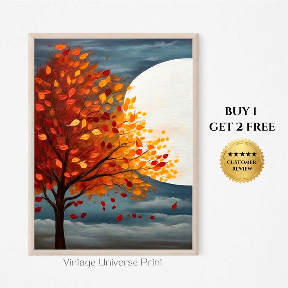 Moody Fall Tree Landscape Print Fall Wall Art Autumn Vintage Style Oil Painting Country Farmhouse Print Cottage Decor