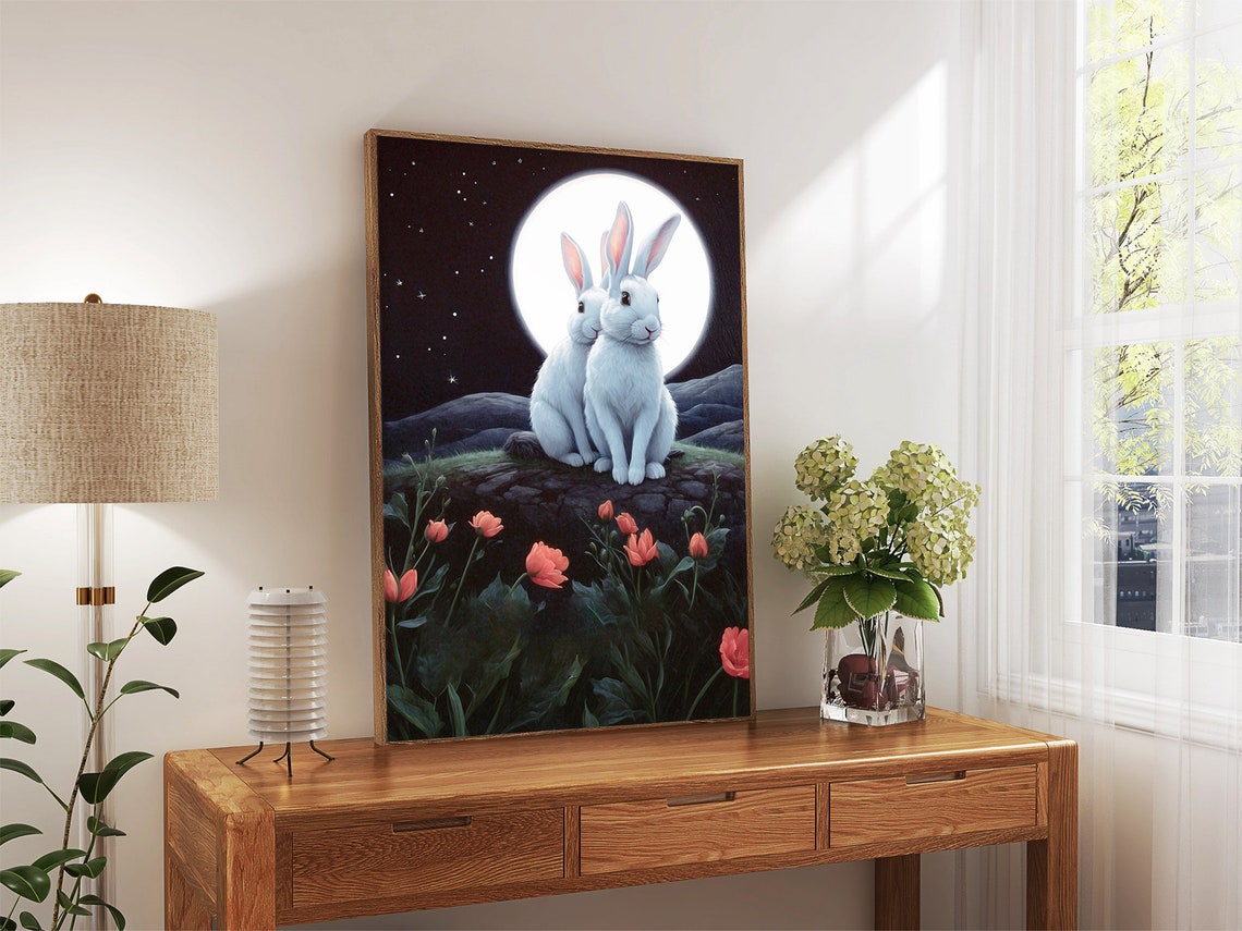 Two White Rabbits Before a Full Moon with Red Tulips Night Art Print - Image 4