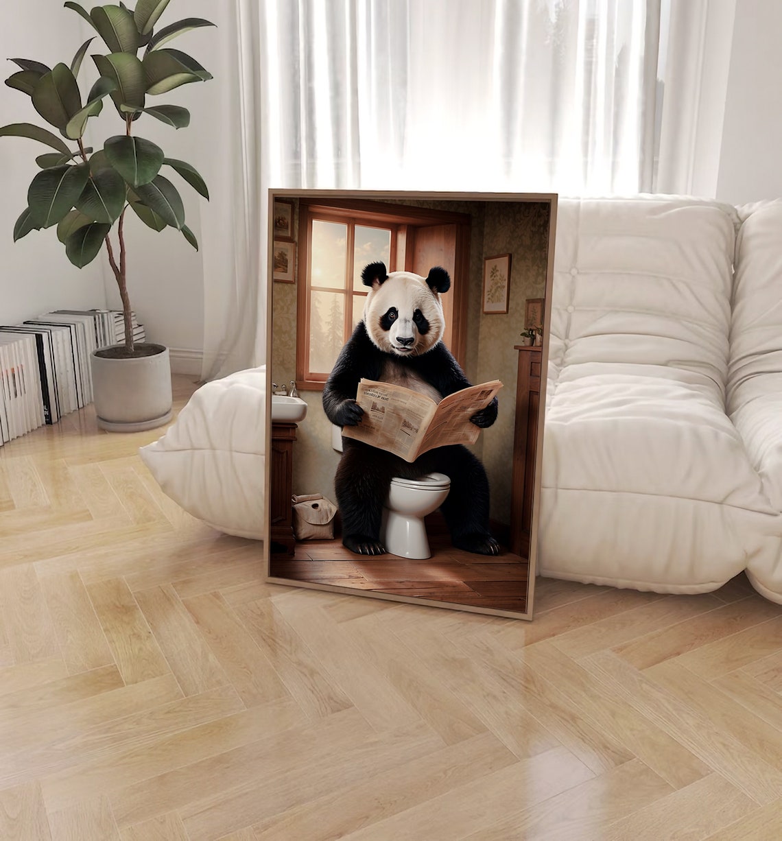 Giant Panda Reading Newspaper While Sitting On Toilet Poster - Image 2