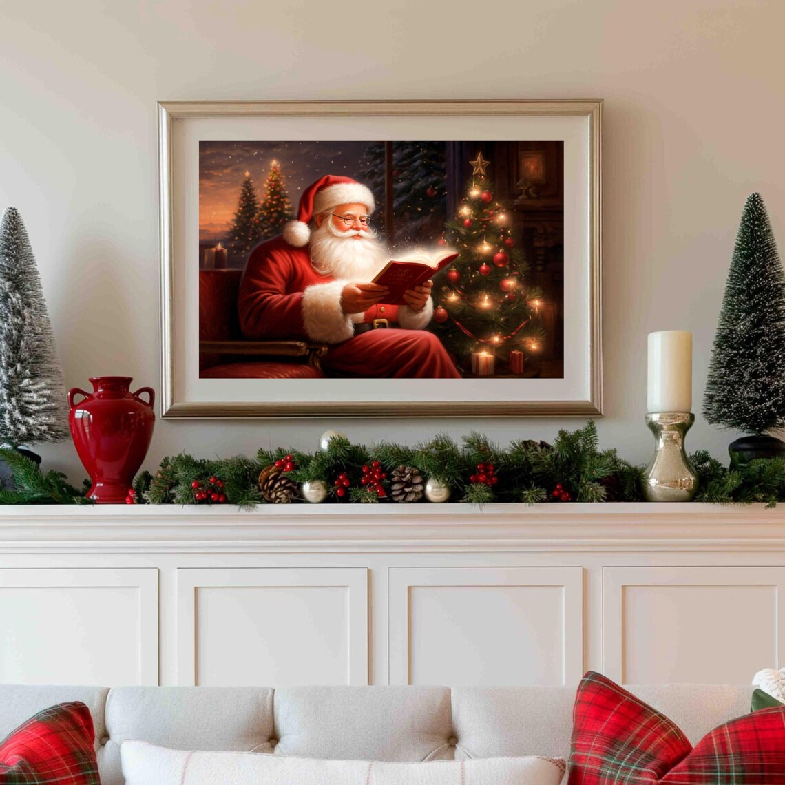 Santa Claus Reading Glowing Book by Christmas Tree Vintage Poster - Image 3