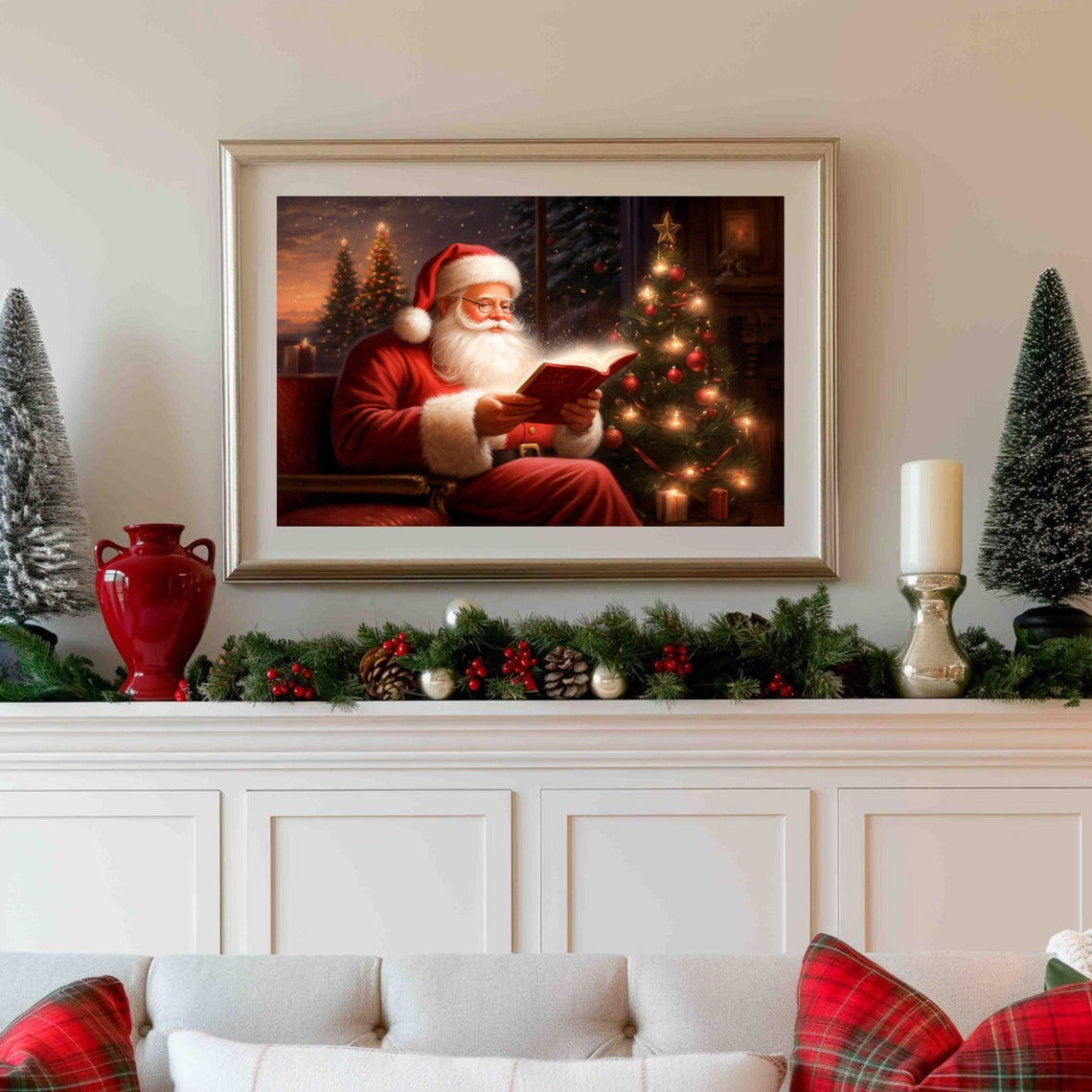 Vintage Painting Of Santa Claus Reading A Book Under Christmas Tree Cozy Christmas Wall Art Winter Holiday Print Holiday Season - Image 3