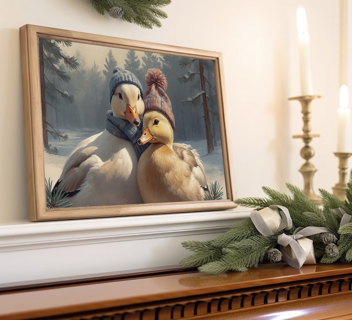 Two Ducks In Winter Hats Snowy Forest Cute Cozy Christmas Poster - Image 4