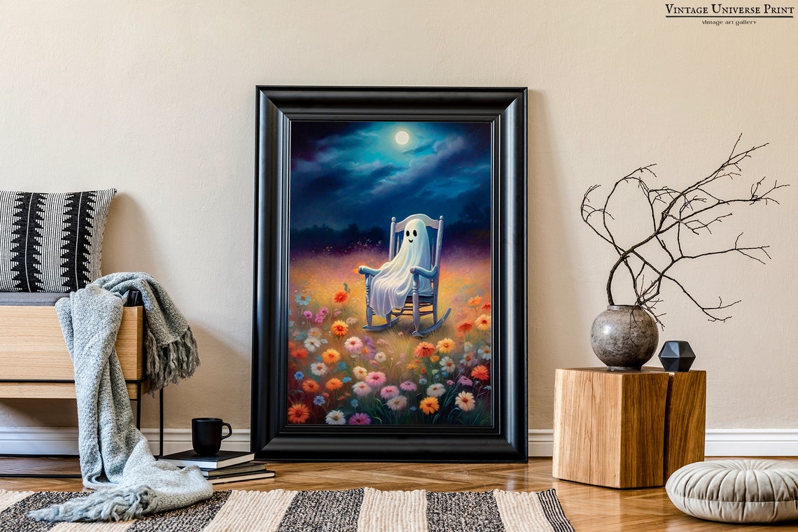 Smiling Ghost Rocking Chair Moonlit Wildflower Meadow Night Poster - Image 3