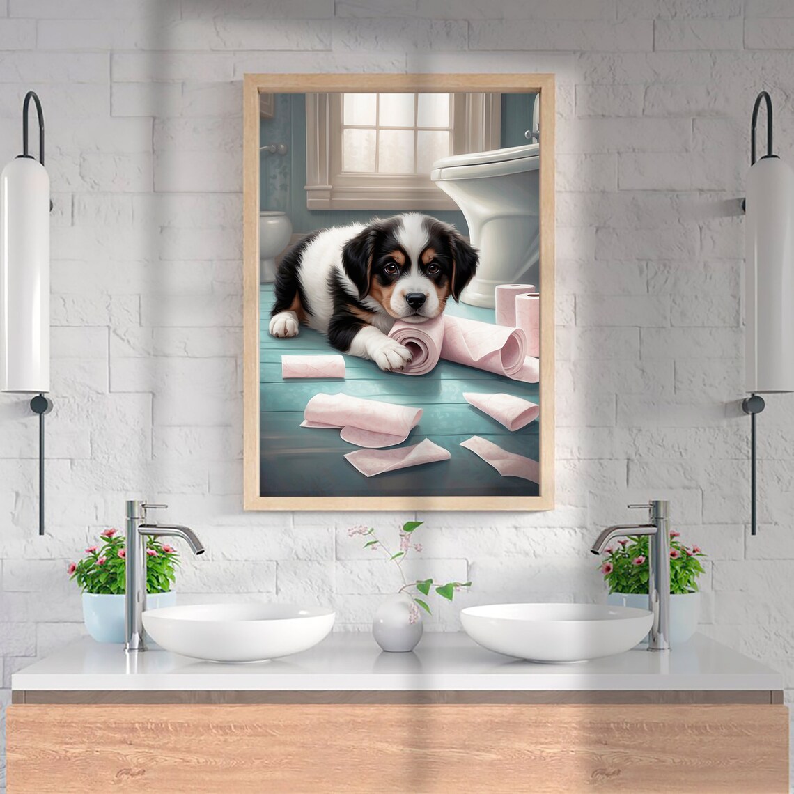 Tricolor Puppy With Pink Toilet Paper Rolls Funny Bathroom Poster - Image 2