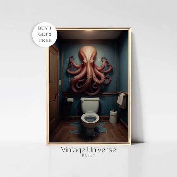 Octopus Bathroom Print Octopus Wall Art Animal Bathroom Art Animal On Toilet Wall Art Bathroom Wall Art Bathroom Decor