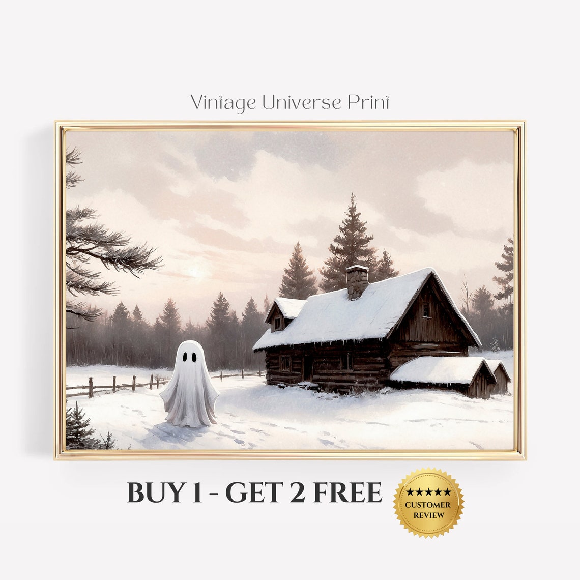 Ghost Beside Snowy Log Cabin at Dusk Rustic Winter Scene Print