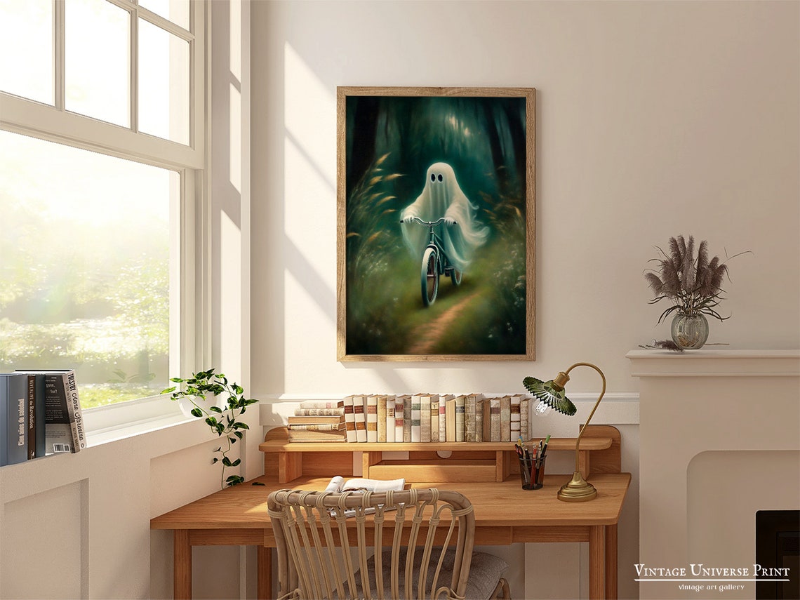 Cute Ghost Riding Vintage Bike Misty Green Forest Trail Print - Image 3