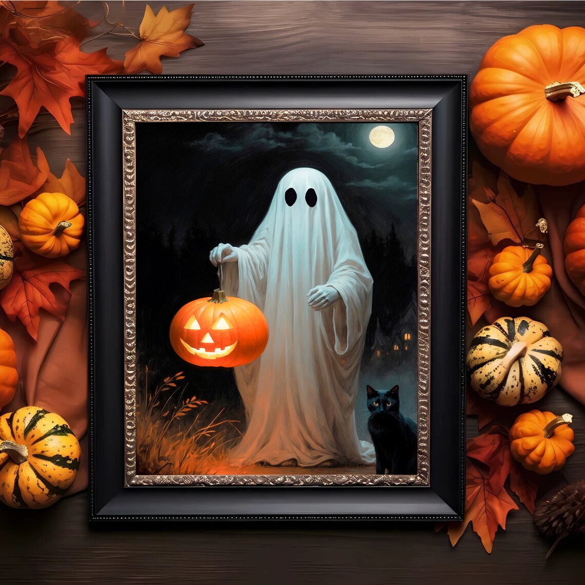 Ghost Carrying A Jack O Lantern Under A Full Moon With A Black Cat Art Print - Image 3