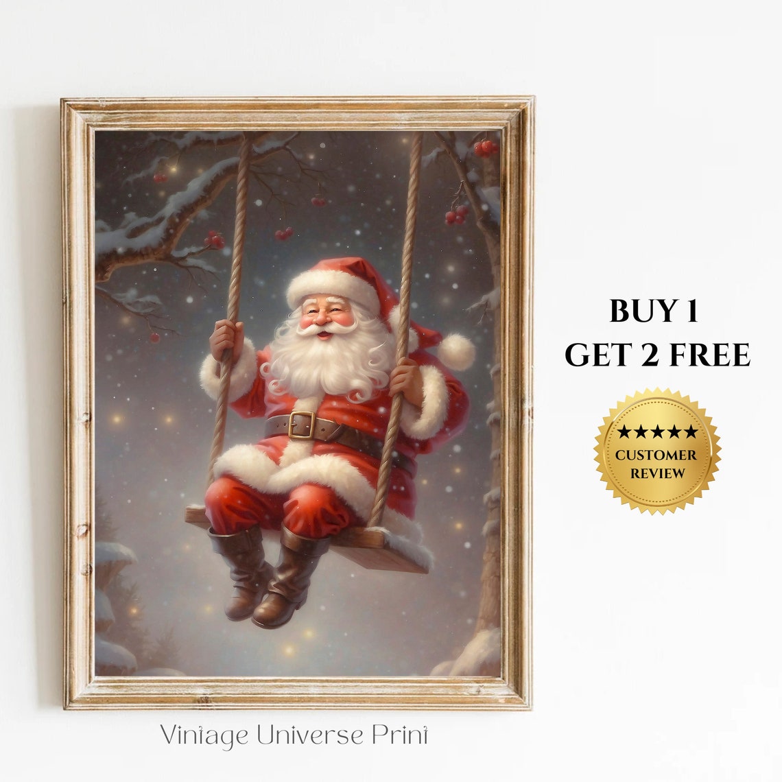 Swinging Santa Claus Vintage Painting Christmas Oil Painting Christmas Wall Art Retro Christmas Decoration Winter Print Noel Art Print