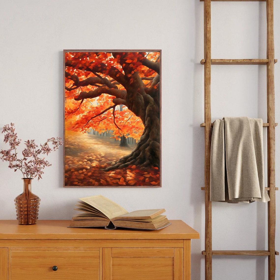 Giant Old Tree With Red Autumn Leaves In Golden Light Wall Art - Image 4