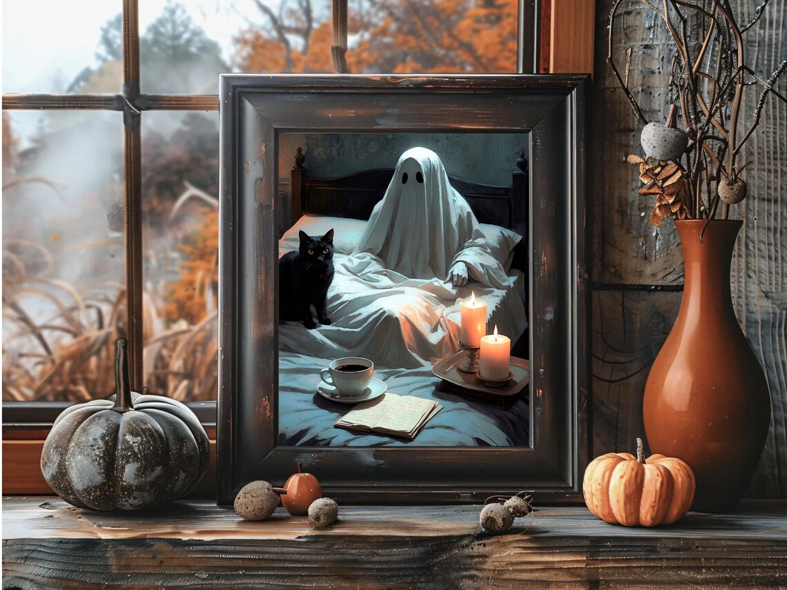 Ghost Waking Up In Bed With A Black Cat Coffee And Candles Cozy Halloween Print - Image 4
