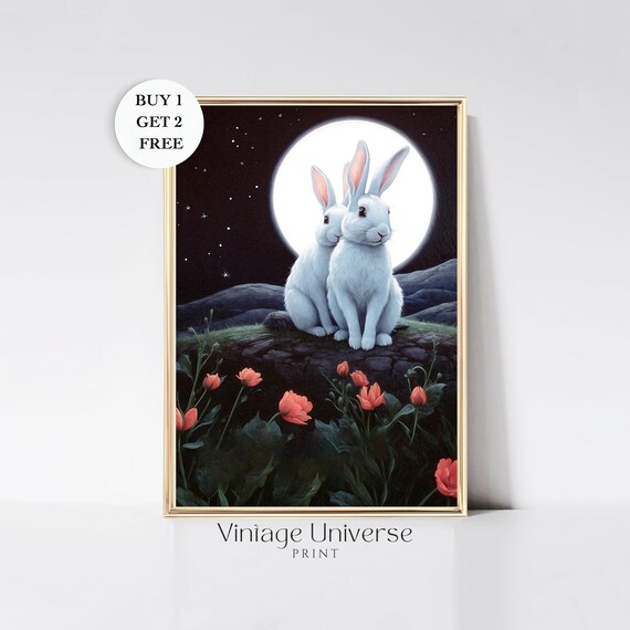 Bunnies And Moon Painting Vintage Night Sky Print Celestial Full Moon Art Print Hare Print Witchy Aesthetic Moody Wall Art