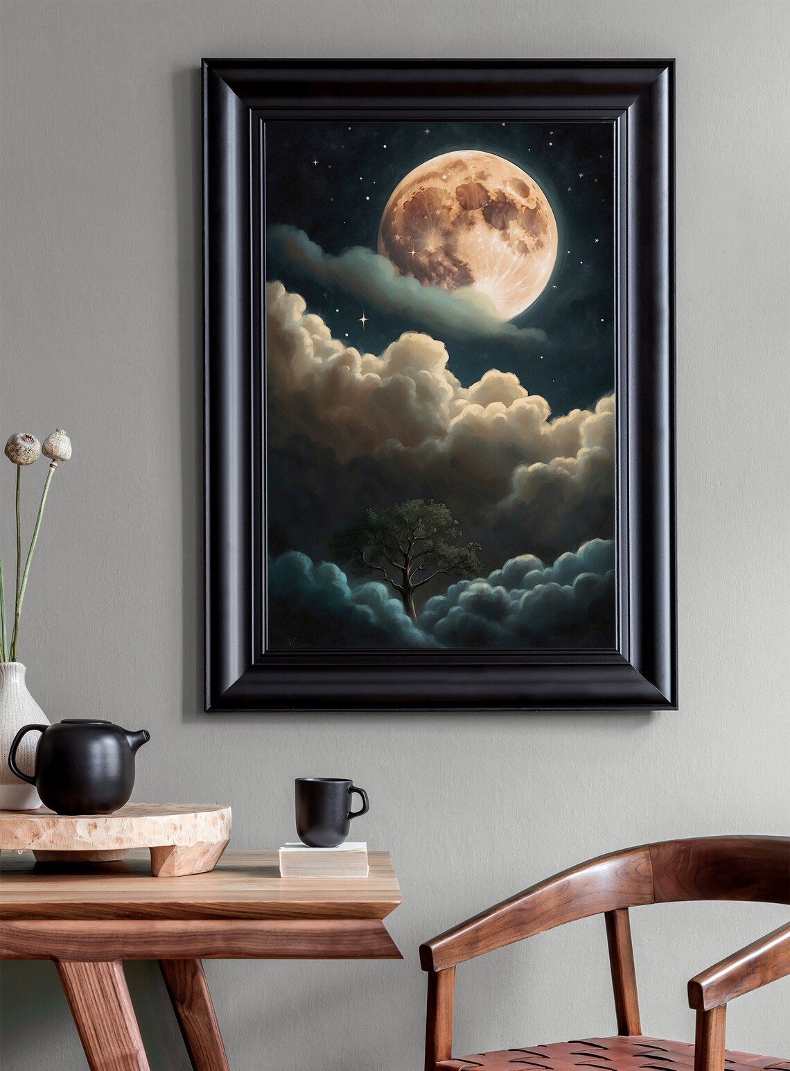 Full Moon Rising Above Dramatic Clouds with a Lone Tree Silhouette Art Print - Image 5