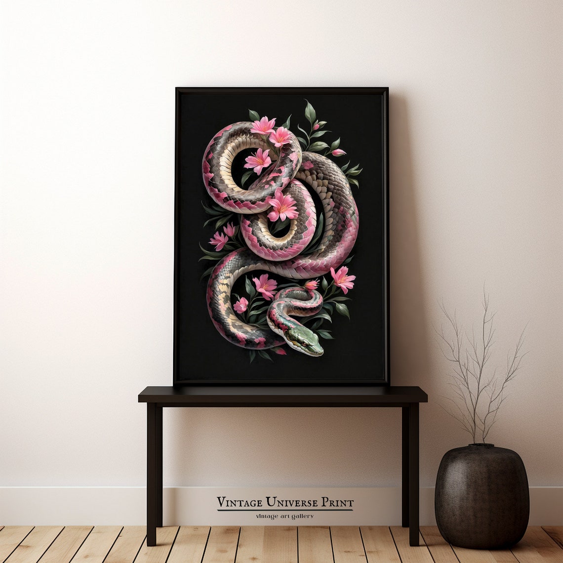 Pink Snake Blossoms Moody Botanical Black Background Wall Art - Image 3